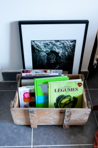 Caisse aux livres de cuisine veggie, le lion surveille....